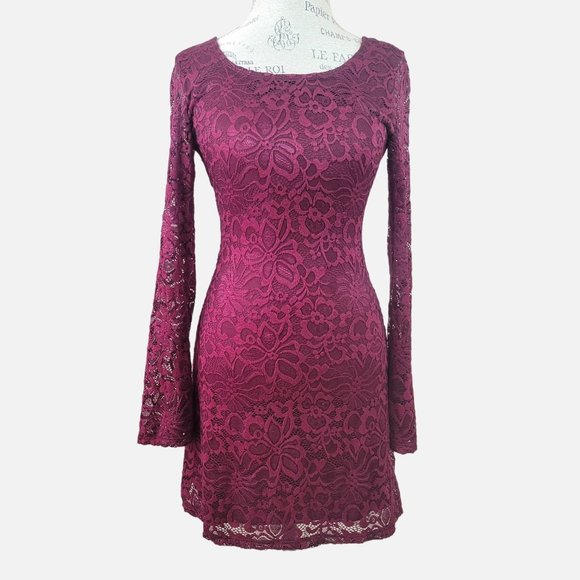 Francesca's Burgundy Bell Sleeved Lace Dress - Size Small - Picture 1 of 13